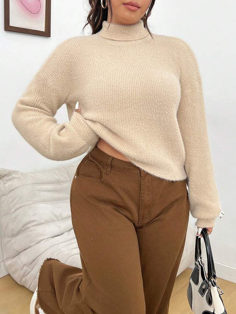 Plus Size High Neck Sweater With Letter Patchwork And Dropped Shoulders