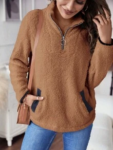 SHEIN LUNE 撞色滾邊半拉鏈法蘭絨運動衫 - 卡其色 - 查看 5