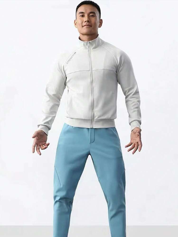Boyfriend Style Men Letter Graphic Raglan Sleeve Zipper Up Stand Collar Sports Jacket Workout Tops Sports Jacket