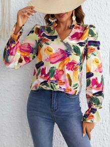 SHEIN VCAY Brush Print Notched Neckline Flounce Sleeve Blouse - Multicolor - View 1