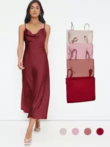 BizChic Women's Elegant Satin Slip Dress With Draped Neckline, Long Length, Suitable For Weddings, Business Casual, Concerts, And Wedding Guest Attire - Burgundy - View 1