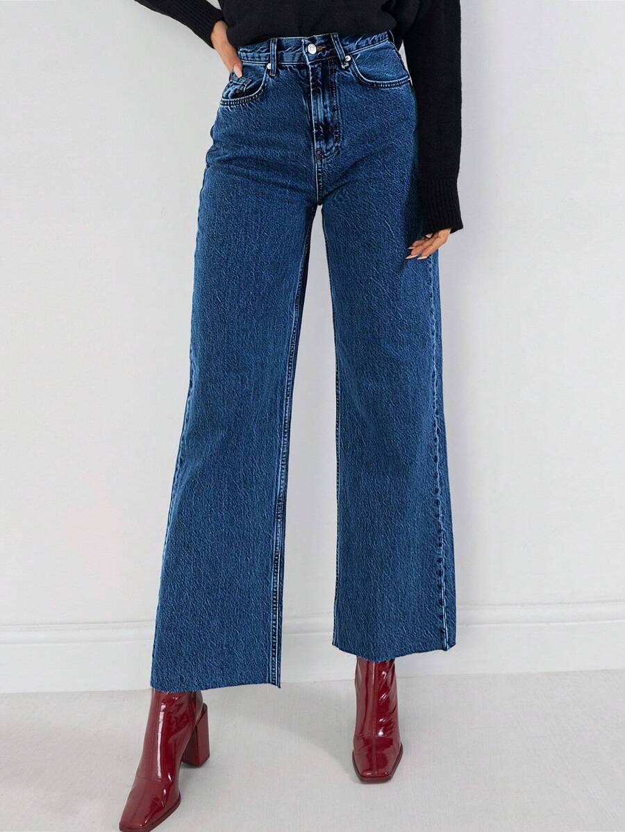 EURMUSE 100%Cotton Women Casual Raw Edge Wide Leg Jeans