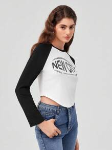 Forever 21 Women's Raglan Sleeve T-shirt With Letter Print - Black and White - View 6