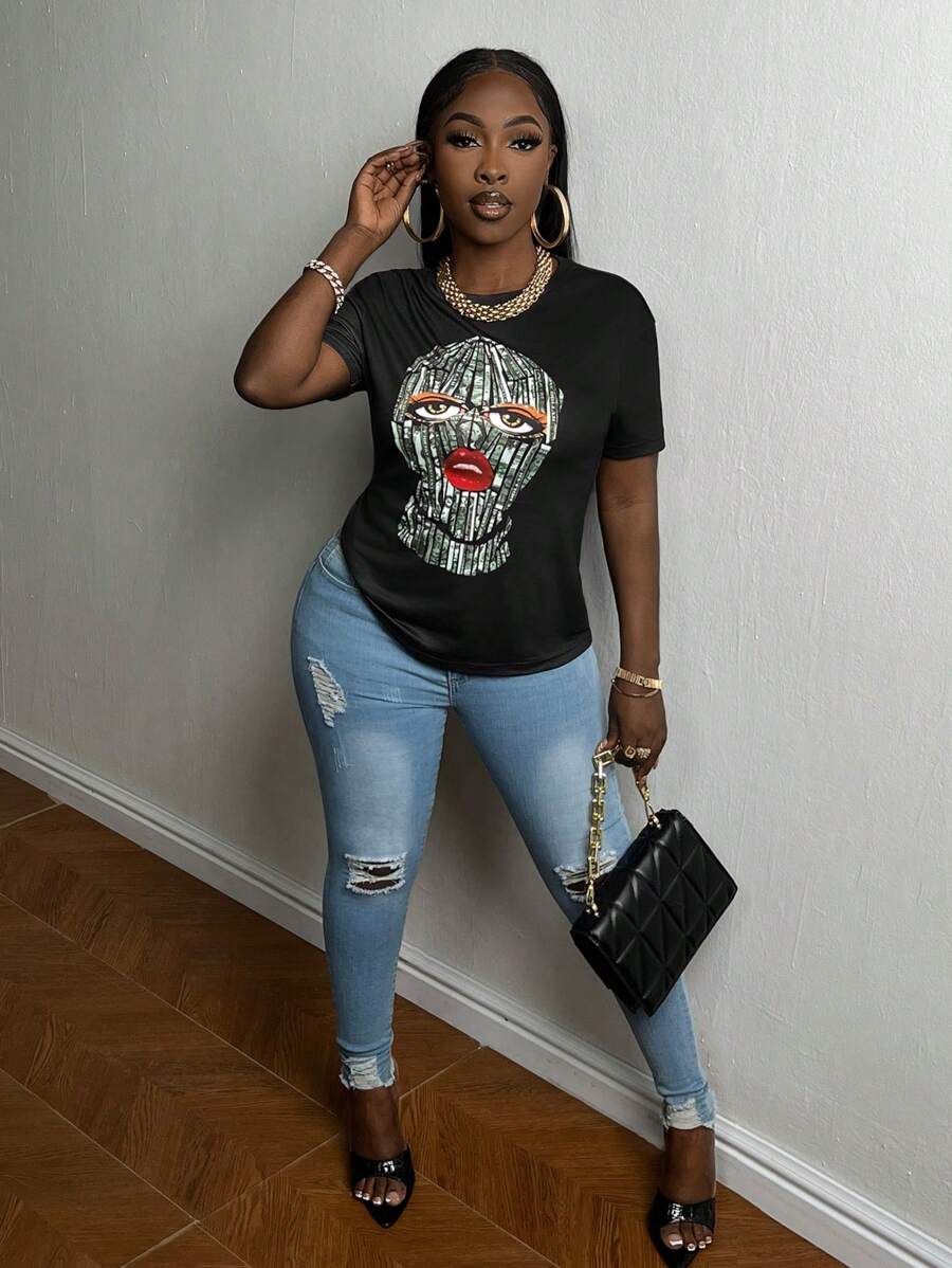 Slaydiva Camiseta con estampado de figura - Negro - Ver 1