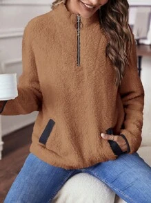 SHEIN LUNE 撞色滾邊半拉鏈法蘭絨運動衫 - 卡其色 - 查看 3