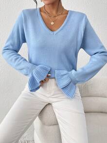 Chiquease Solid Flare Sleeve V Neck Sweater - Blue - View 5