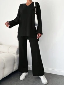 EURMUSE Sweater Two-piece Suit With Split Hem, Button Decoration, And Pants - Black - View 3