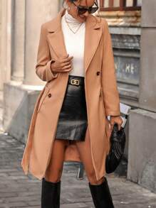 SHEIN Clasi Lapel Neck Double Breasted Belted Overcoat - Camel - View 1