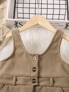 SHEIN 女小童前紐扣背帶連身褲 - 卡其色 - 查看 5