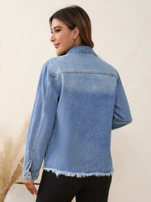 SHEIN LUNE Ripped Flap Pocket Denim Jacket - Light Wash - View 2