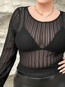 SHEIN Privé Plus Solid Sheer Top Without Bra - Black - View 7