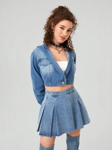 Forever 21 1pc Hooded Short Denim Jacket - Medium Wash - View 5