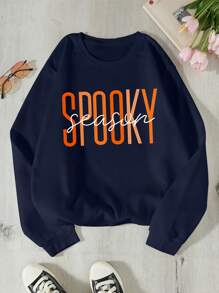 SHEIN EZwear 字母圖案加絨內裏運動衫 - 藏蓝色 - 查看 1