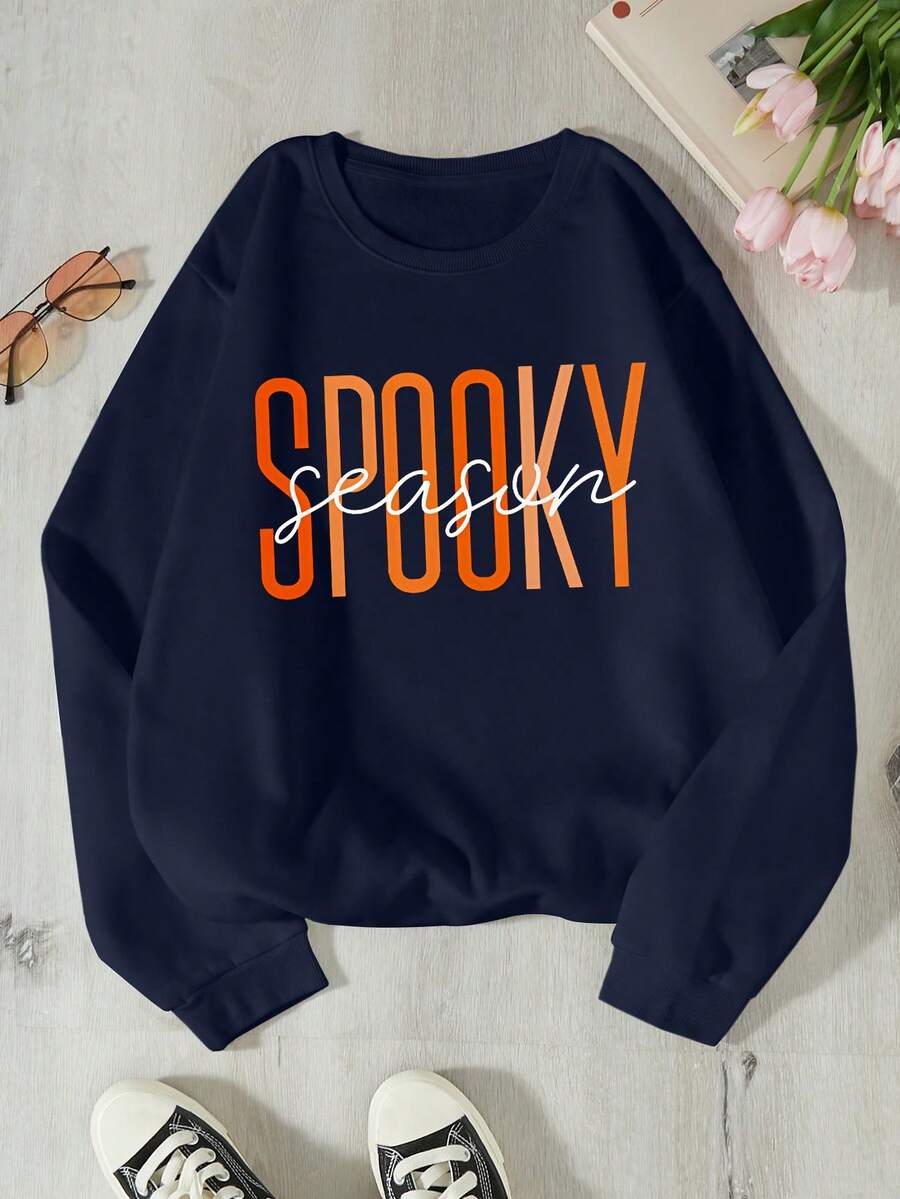 SHEIN EZwear 字母圖案加絨內裏運動衫 - 藏蓝色 - 查看 1