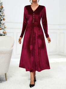 SHEIN Privé Nút phía trước Nhung Váy chữ A - Đỏ - Xem 5