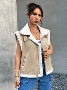 SHEIN EZwear 秋冬泰迪衬里拉链背心绒面革夹克 - 杏色 - 查看 3