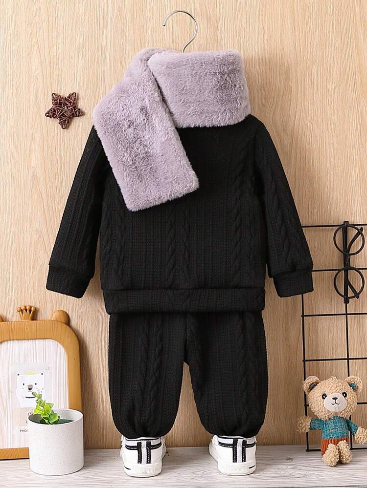 Infant Boys' Round Neck Sweatshirt And Pants With Scarf Set