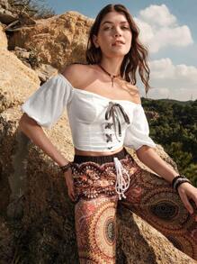 Bohemela Off Shoulder Lace Up Front Puff Sleeve Crop Top - White - View 1