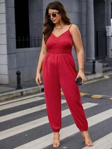 Calvaya Plus Solid Shirred Waist Cami Jumpsuit - Red - View 7