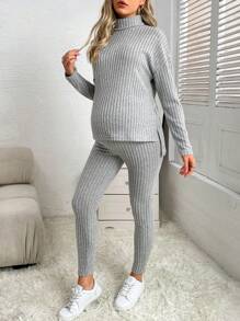 SHEIN Maternity Mock Neck Drop Shoulder Tee & Adjustable Waist Leggings - Light Grey - View 3