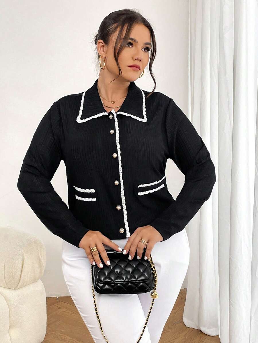 SHEIN Privé Kích thước lớn Vòng cổ Áo thun - màu đen - Xem 1