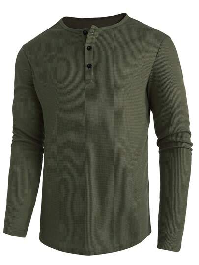 Manfinity Homme Camiseta de punto de gofre con medio botón para hombre, otoño