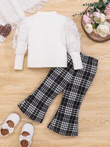 SHEIN Baby Girl Mock Neck Tee & Plaid Print Pants - Black and White - View 2