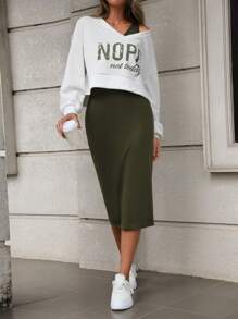 SHEIN LUNE Conjunto De Sudadera Con Cuello Caído Para Mujer Y Vestido Sin Mangas Con Estampado De Letras