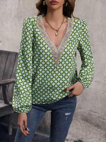 SHEIN Clasi In Toàn bộ Chèn ren Guipure Tay áo lồng đèn Áo sơ mi - màu xanh lá - Xem 6