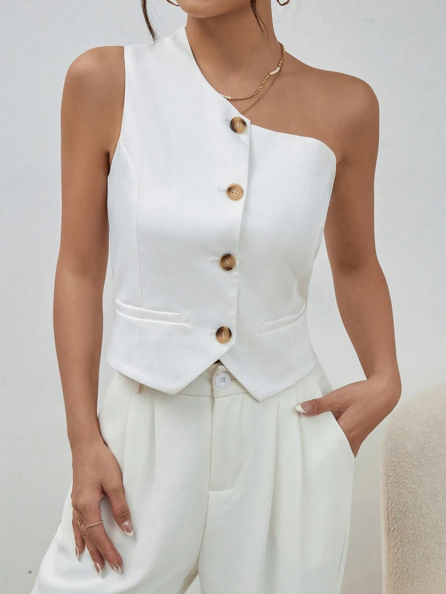 SHEIN Privé Một bờ vai Nút phía trước Viền không đối xứng Áo sơ mi - trắng - Xem 1