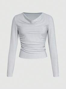SHEIN Unity Áo thun nữ Vắt Xù màu trơn Giải trí - Bạc - Xem 1