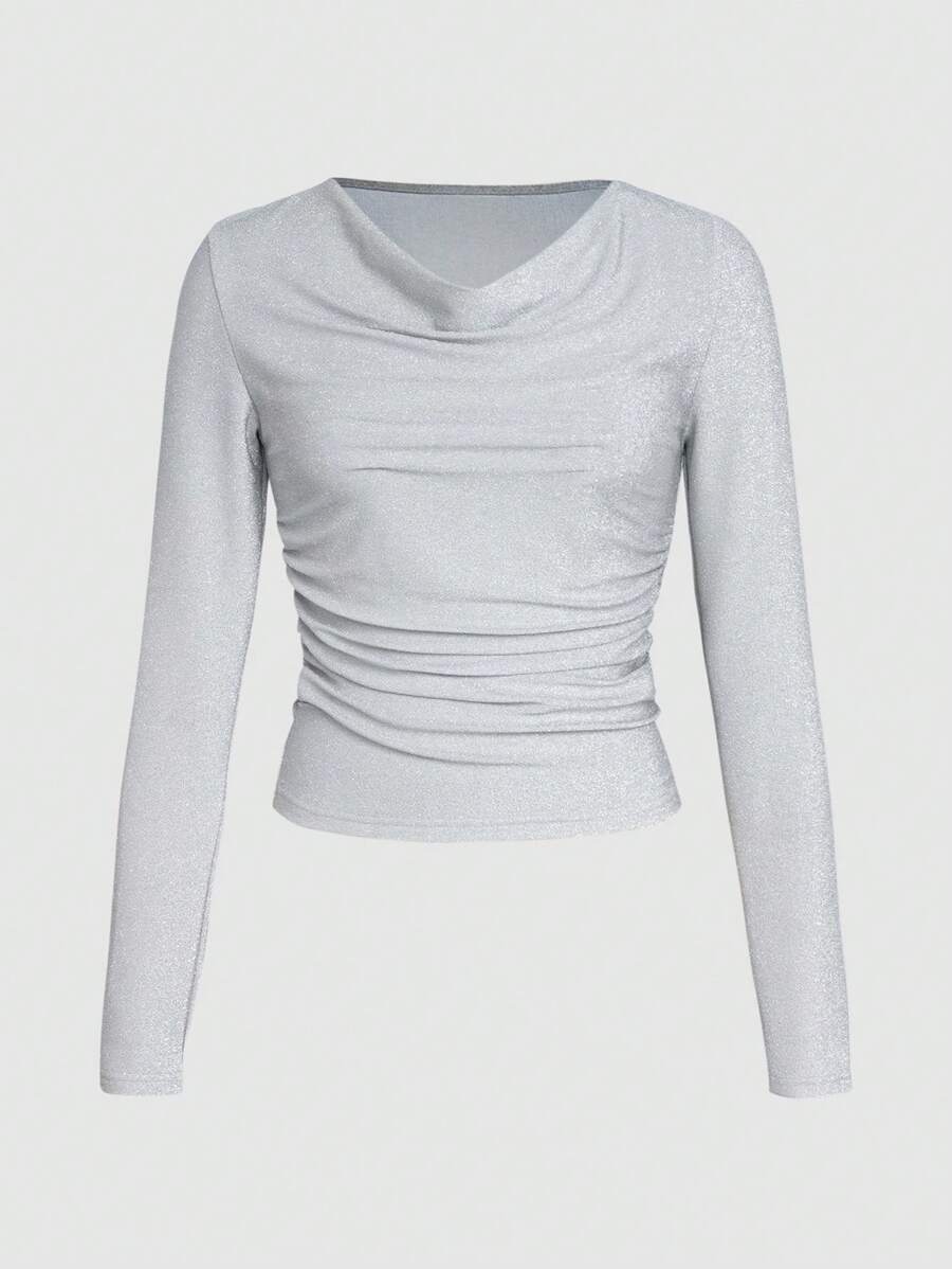 SHEIN Unity Áo thun nữ Vắt Xù màu trơn Giải trí - Bạc - Xem 1