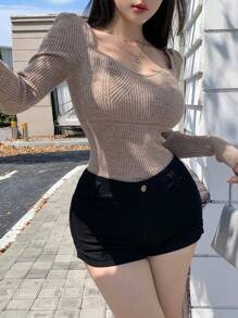 DAZY Chất rắn Cổ Trái tim Đồ đan Ribbed Áo len - Màu Khaki - Xem 5