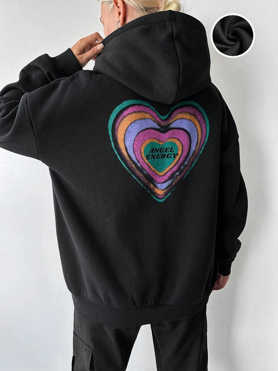 RueChic Heart & Letter Graphic Drop Shoulder Drawstring Hoodie - Black - View 1