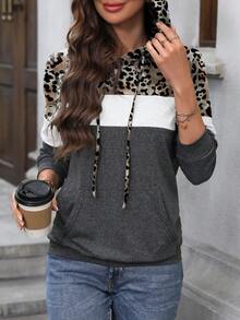 SHEIN LUNE In hoa Báo Khối màu Dây rút Hoodie - màu nâu - Xem 6