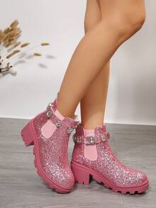 Women's Fashionable Chelsea Boots With Rhinestone & Glitter Decoration - Pink - View 5