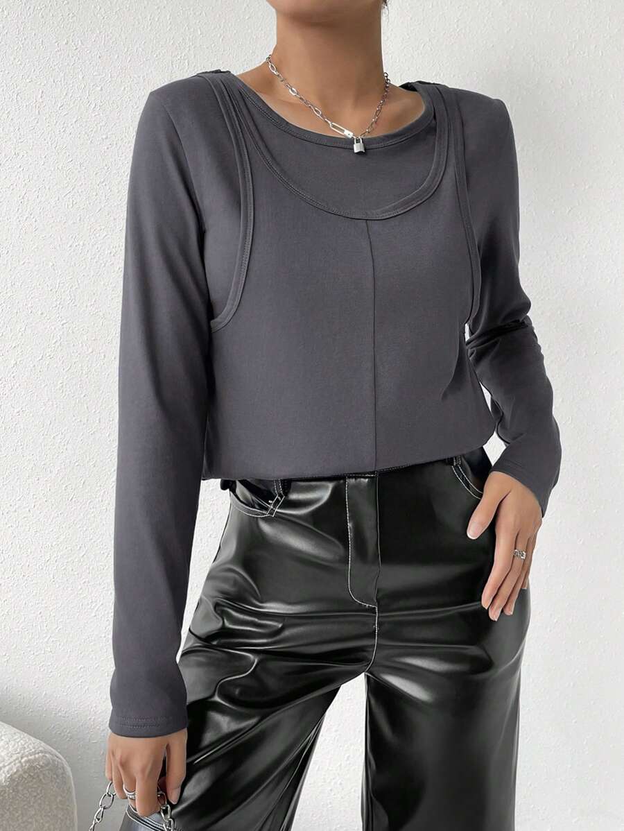 SHEIN Essnce T-Shirt 2 En 1 Unicolore - Gris foncé - Voir 1