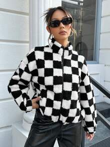 SHEIN Coolane 棋盤格印花落肩袖毛絨夾克 - 黑與白 - 查看 1