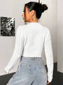 Flirla Solid Cable Knit Crop Sweater,Long Sleeve Tops Knit Pullover Fall Winter Sweater - White - View 2