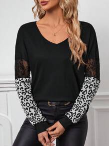 SHEIN LUNE Lace Insert Leopard Print Tee - Black - View 4