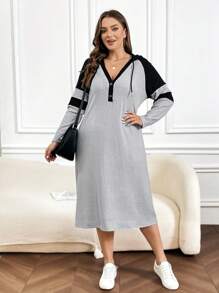 SHEIN LUNE Plus Size Women'S Drawstring Hooded Half-Placket Buttoned Knitwear Dress With Raglan Sleeve - Multicolor - View 3