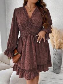 Flirla 大碼斑點印花喇叭袖荷葉邊洋裝 - 彩色 - 查看 1