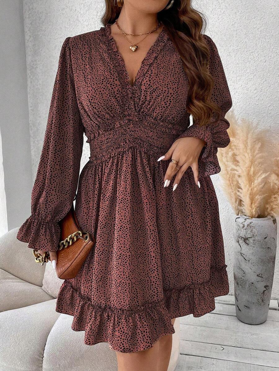 Flirla 大碼斑點印花喇叭袖荷葉邊洋裝 - 彩色 - 查看 1