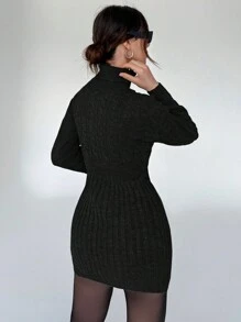 Aloruh 秋冬高领落肩毛衣裙 - 黑色 - 查看 2