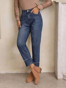 SHEIN LUNE High Waist Raw Trim Cropped Jeans