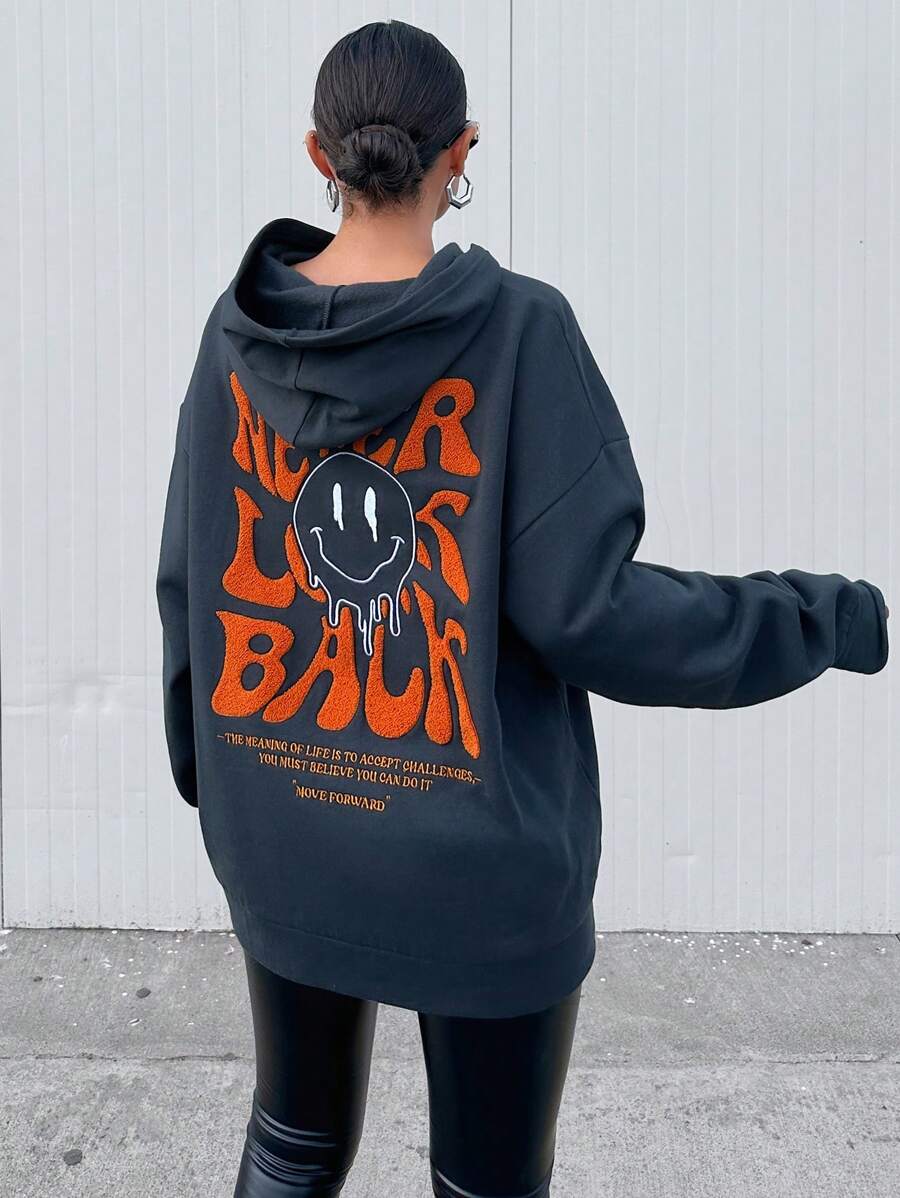 EURMUSE 女式標語與卡通印花連帽衫 - 灰色 - 查看 1