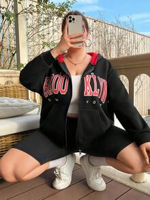 Flirla Plus Letter Graphic Zip Up Drop Shoulder Hoodie - Black - View 3