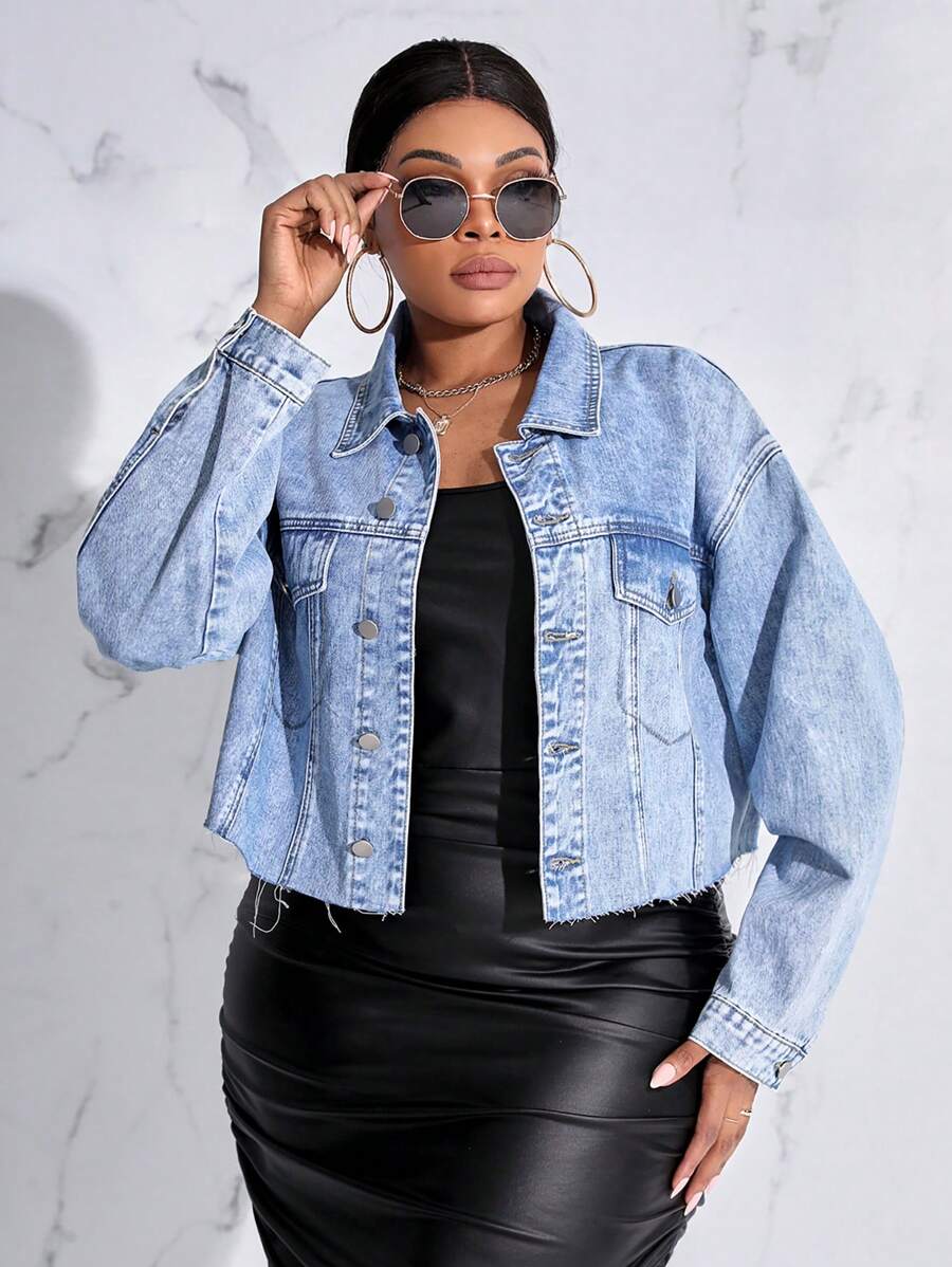 SHEIN LUNE Plus Drop Shoulder Raw Hem Denim Jacket - Light Wash - View 1