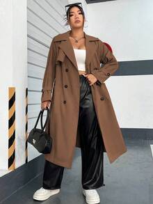 Flirla Hơn Cổ áo Đôi ngực Thắt lưng Áo khoác Trench - Cà phê nâu - Xem 6