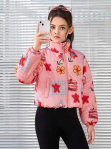 SHEIN Tween Girl 1pc Cartoon Graphic Padded Coat - Multicolor - View 3